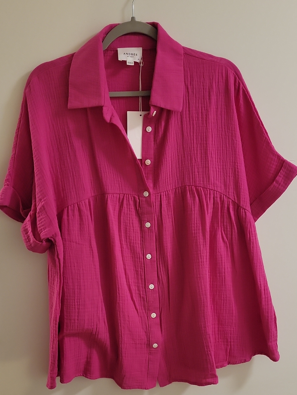 Andree Fuchsia Button-Front Peasant Blouse Size M